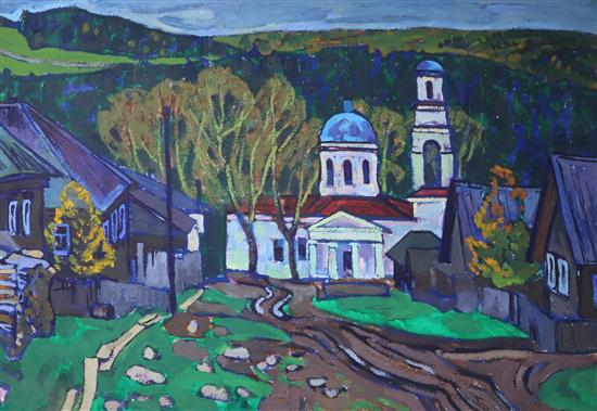 Yuri Matushevski (Russian, 1930-1999) Village church 19.5 x 28in.
